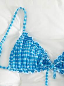 Swim Mod 2pcs Textured Fabric Ruffle Front Tie Bow Waist Pleated Cute Sweet Fashion Active Party Bikini Set Set For Summer Beach Vacation - Blue - View 4