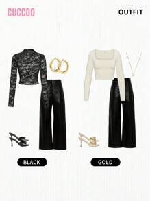 CUCCOO SZL Women Solid Color Chain Decor Fashion Versatile High Heel Sandals - Black - View 5