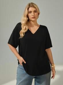Auralis Plus Solid Backless Drop Shoulder Tee - Black - View 2
