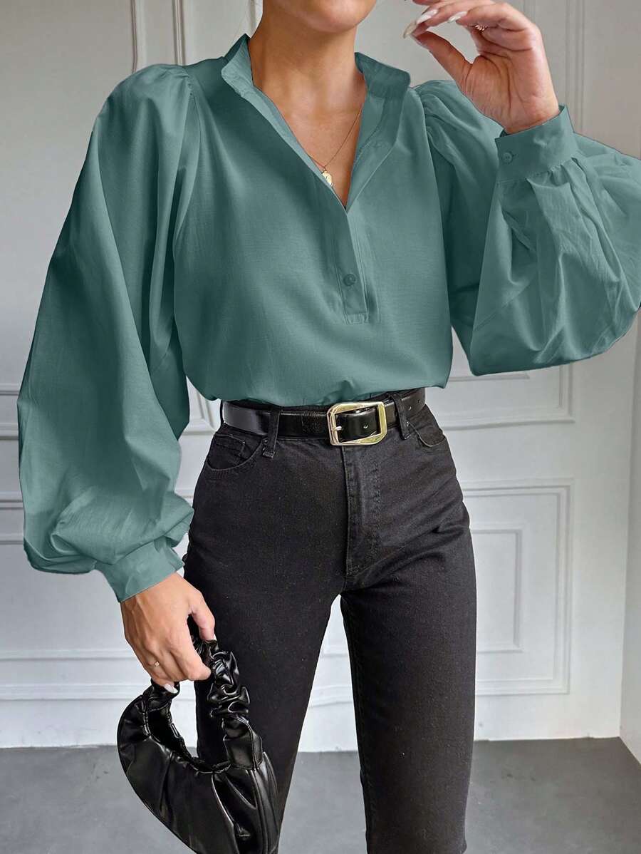 EURMUSE Women's Casual Commute Plain Button Half Open Collar Long Sleeve Blouse