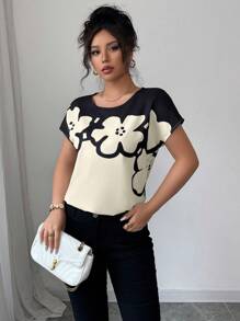 Elenzga Áo cánh họa tiết hoa thanh lịch cho nữ mùa hè - Màu be - Xem 3