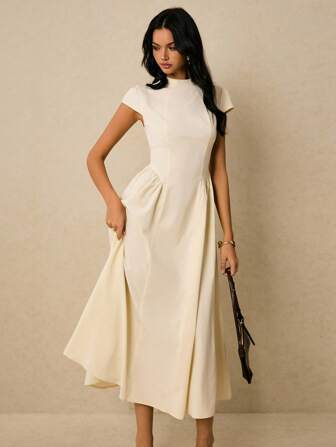 Poéselle Elegant Short Sleeve A-Line Maxi Dress – High Neck Solid Color Flowy Summer Dress For Women,A-Line Summer Dress,High Neck Maxi Dress,  Casual Long Dress, Ankle Length Dress,Fall Wedding Guest Dress