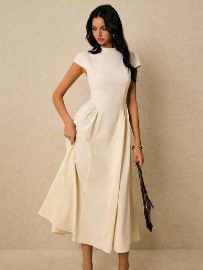 Poéselle 女式夏季纯色腰部收褶伞形下摆长款连衣裙