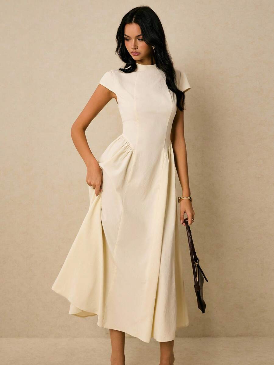 Poéselle 女式夏季纯色腰部收褶伞形下摆长款连衣裙 - 杏色 - 查看 1