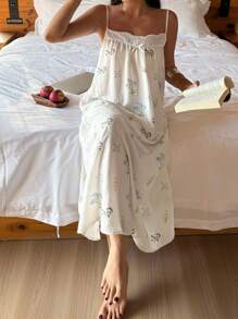 DAZY Floral Pattern Allover Print Ruffle Hem Women's Slip Nightgown Pajama - Beige - View 8