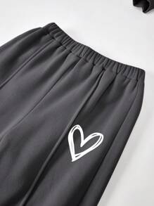 SHEIN Girlism Tween Girls Casual Heart Print Knit Solid Color Loose Drop Shoulder Long Sleeve Hoodie And Wide Leg Sweatpants Set