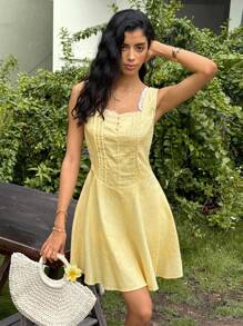 Rafferiza Summer Elegant Square Collar Lace Splice Sleeveless Dress - Yellow - View 5