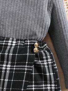 SHEIN Babygirl 可爱黑色针织长袖上衣和格子松紧腰短裤两件套，秋冬 - 黑色 - 查看 6