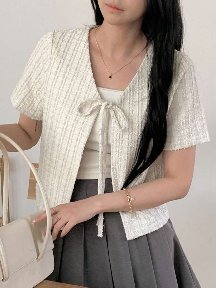 DAZY Women's Summer Textured Fabric Drawstring Plaid Short Sleeve Cropped Lightweight Casual Jacket - White - View 1