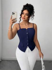 Calvaya Plus Size Women Casual Slim Fit Guzik Ozdobny Pasek