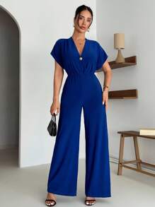 EURMUSE Tuta elegante con parte superiore a fascia, dettaglio maniche a campana, scollo a V, vita elastica, lunghezza intera, tessuto morbido e fluido, stile da abito da sera, dettaglio fiocco al collo, adatto per eventi professionali, materiale di qualità premium, moda contemporanea, vestibilità comoda, pronta per occasioni speciali, silhouette moderna, stile sofisticato, tessuto facile da curare, design versatile, perfetta per eventi - Blu reale - Visualizzare 5