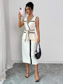 Franclia بدلة صيفية أنيقة للنساء مكونة من سترة ذات لون متباين مع حزام وتنورة، ملابس مناسبة للجامعة - لون مشمشي - مشاهدة 1