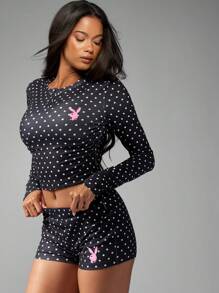 Missguided x Playboy 圣诞波点长袖亨利领纽扣家居服套装，带兔子图案 - 黑與白 - 查看 6