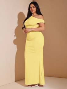 SHEIN BAE Váy đuôi cá maxi bất đối xứng cỡ lớn cho nữ, trang phục thanh lịch khi đi chơi, đi câu lạc bộ, đi Halloween, ngày lễ tình nhân, tiệc tùng, đêm hẹn hò, phù dâu, trang phục dạ hội, xuân/hè - Màu vàng - Xem 6