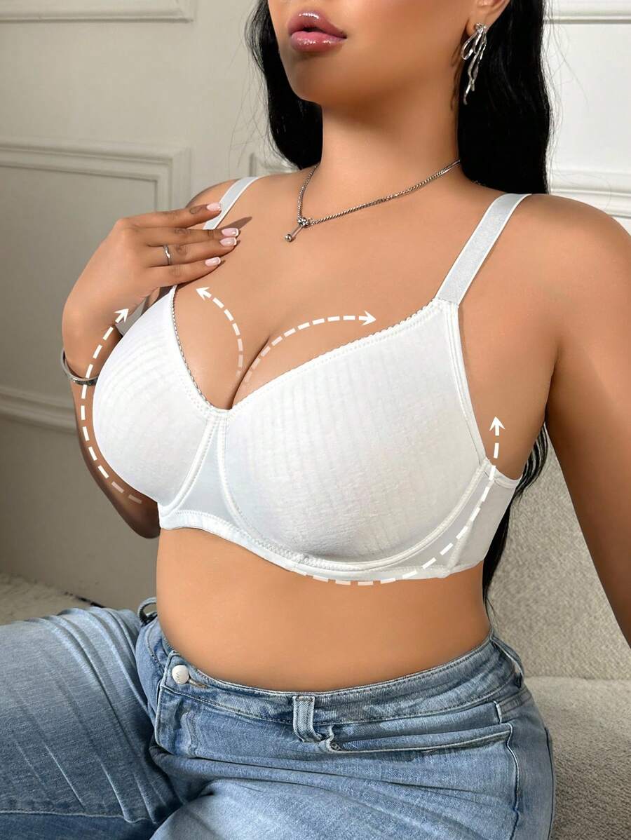 DesireSculpt Plus Size Simple Thin Underwire Wireless Bra, Lift And Gather, Without Padding White Bra Plus Size Bra Cute Bra White Ribbed Bra Full Coverage Bra - White - View 1