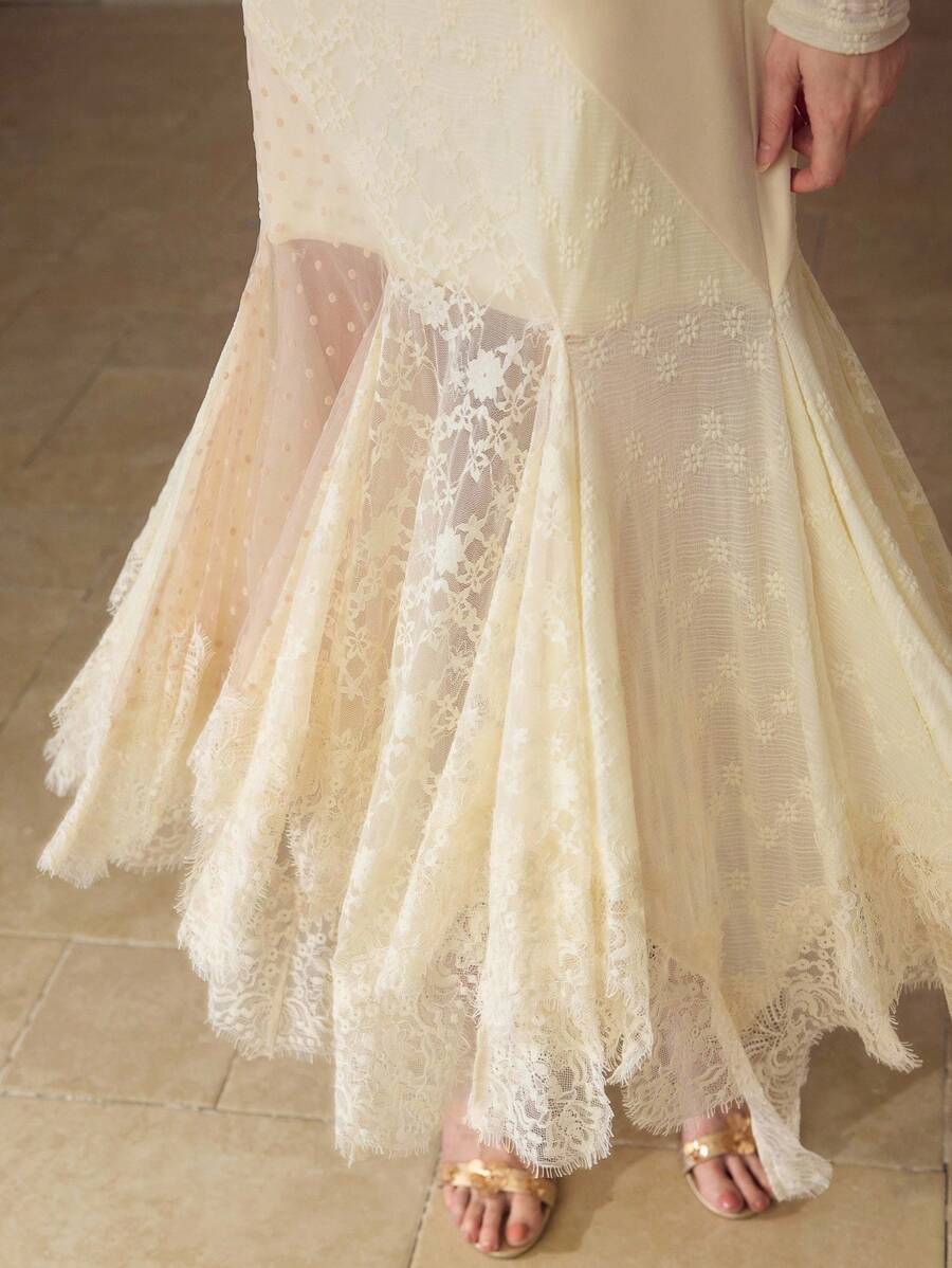 MOTF PREMIUM WOMEN'S LACE EMBROIDERED PATCHWORK STRUCTURE DESIGN FISHTAIL MIDI DRESS - Apricot - View 2