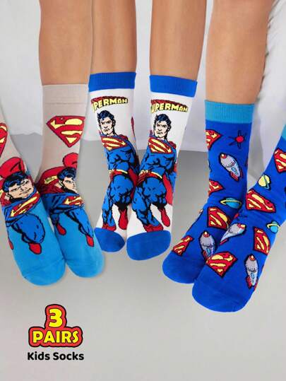 SUPERMAN X SHEIN 3 双棉质条纹卡通男童中筒袜，加固脚趾和脚跟，经久耐用，适合上学和日常穿着，蓝色