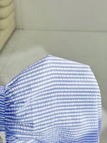 SHEIN EZwear 大码女式蓝白条纹休闲系带短裤，夏季 - 藍白色 - 查看 6