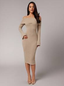 Silquee Women's Solid Color Off Shoulder Fitted Elegant Long Sleeve Sweater Dress,Fall Women Clothes, , Beige Dress Women, Tan Dress Women, Off The Shoulder Dress, Long Sleeve Midi Dress,Street Dress, Prom Dress,Airport Outfit For Women,Nude Dress