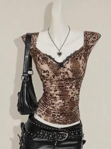 SHEIN ICON Women's Leopard Print Contrast Lace Cap Sleeve Tee, Fashionable For Summer Leopard Print Top Women Dressy Tops Brown Top Gothic Top Lace Trim Top - Multicolor - View 1