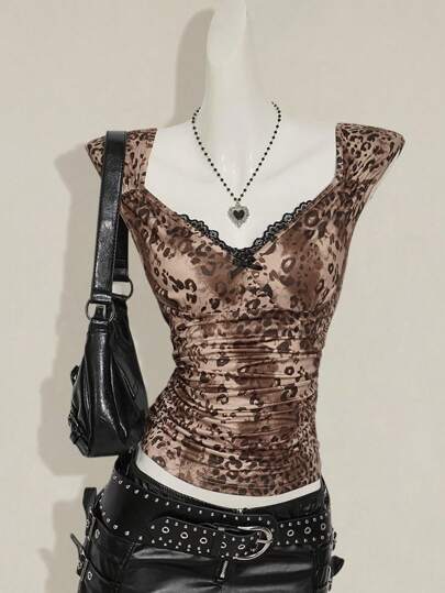 SHEIN ICON Women's Leopard Print Contrast Lace Cap Sleeve Tee, Fashionable For Summer Leopard Print Top Women Dressy Tops Brown Top Gothic Top Lace Trim Top