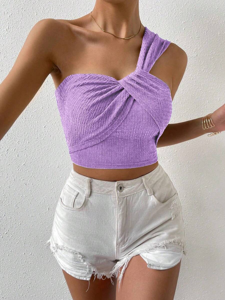 Chiquease 女式纯色扭纹不对称领口无袖上衣，夏季 - 淡紫色 - 查看 1