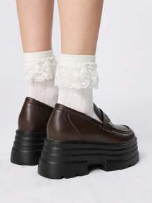 ROMWE Goth 棕色乐福鞋，一脚蹬玛丽珍小皮鞋，日式JK制服鞋，正装工作鞋，女士厚底坡跟平底鞋 - 紅色 - 查看 5