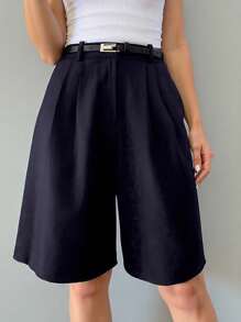 SHEIN LUNE 大码纯黑色口袋商务休闲常规款女式百慕大短裤，春夏