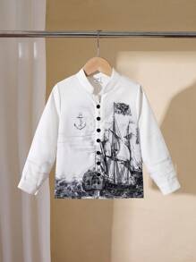 SHEIN 年轻男孩时尚帆船印花立领长袖衬衫，休闲夏季风格 - 白色 - 查看 3