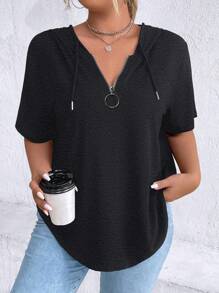 SHEIN LUNE Plus Size Solid Color Short Sleeve Hooded T-Shirt, Fashionable For Summer - Dark Grey - View 1