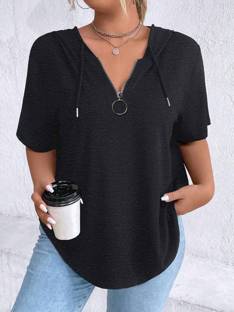 SHEIN LUNE Plus Size Solid Color Short Sleeve Hooded T-Shirt, Fashionable For Summer - Dark Grey - View 1