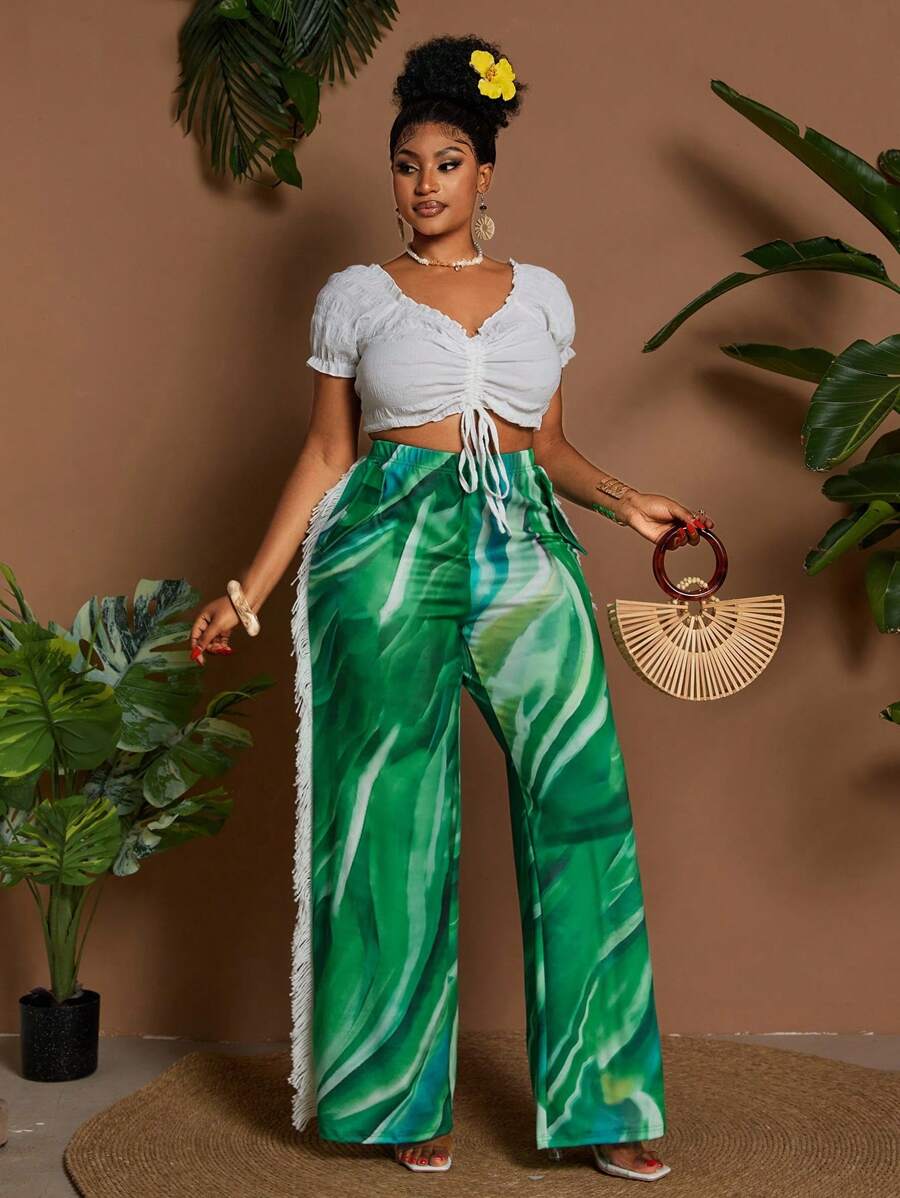 Maweii بنطلون مصنوع من صوف مرن مطبوع بنقش شامل، مزخرف بأشرطة جانبية أنيق وجذاب للمقاسات الكبيرة - متعدد الألوان - مشاهدة 1