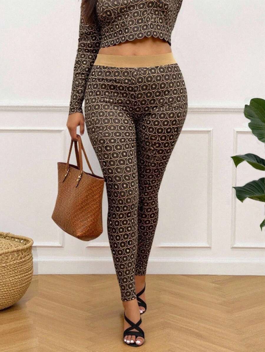 Women's Casual Patchwork Pattern Print Elastic Legging Fall Cloth For Women - Brown - View 1