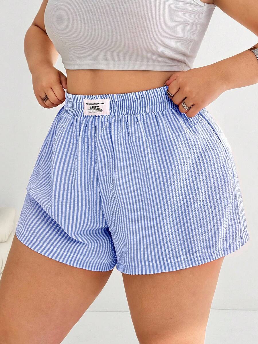 SHEIN EZwear 大码女式蓝白条纹休闲系带短裤,夏季 - 藍白色 - 查看 1