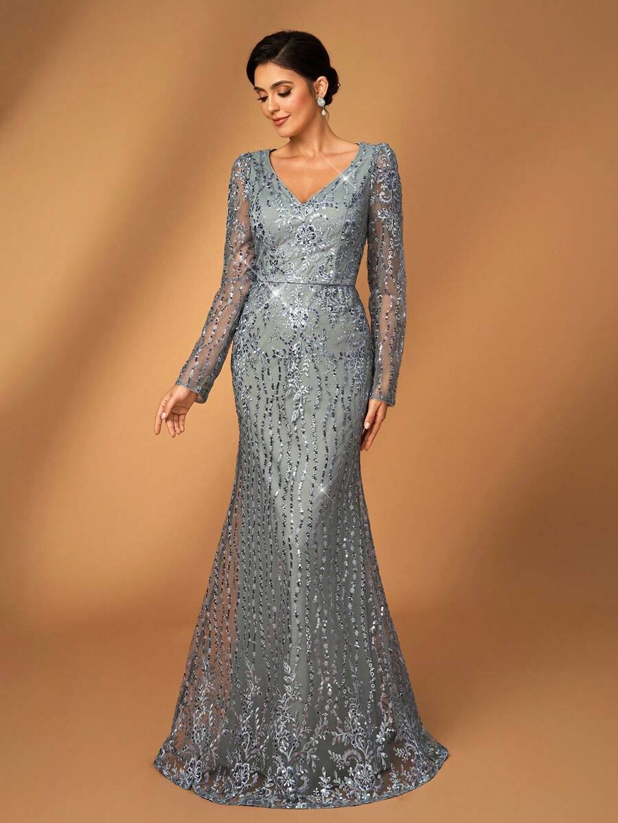 Serin Váy dạ hội đuôi cá ren sequin cổ chữ V sang trọng thanh lịch, phù hợp cho đám cưới, tiệc tùng, vũ hội, dạ hội, phù dâu hoặc mẹ cô dâu - Xám - Xem 1