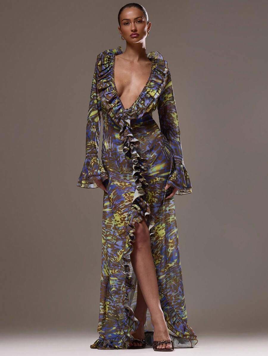 MUSERA Đầm maxi dài tay dáng rộng, cổ chữ V khoét sâu, viền bèo nhún, chất liệu chiffon in họa tiết, thích hợp cho kỳ nghỉ hè, dự tiệc cưới, lễ tốt nghiệp, tiệc tối trang trọng, tiệc cưới mùa thu, hẹn hò lãng mạn. - Vàng - Xem 1
