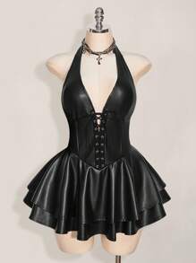 SHEIN ICON 加大码女式 Y2k 时尚辣妹演唱会女装俱乐部派对节日狂欢装 Y2k 外出交叉带 PU 皮革露背迷你吊带黑色连衣裙 - 黑色 - 查看 3
