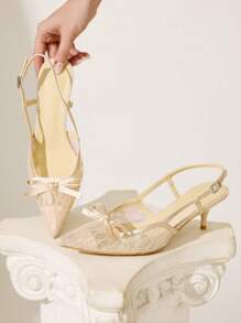 CUCCOO CHICEST 女士香槟色缎面网眼拼接蝴蝶结装饰法式小猫高跟鞋尖头浪漫派对婚礼礼服高跟鞋