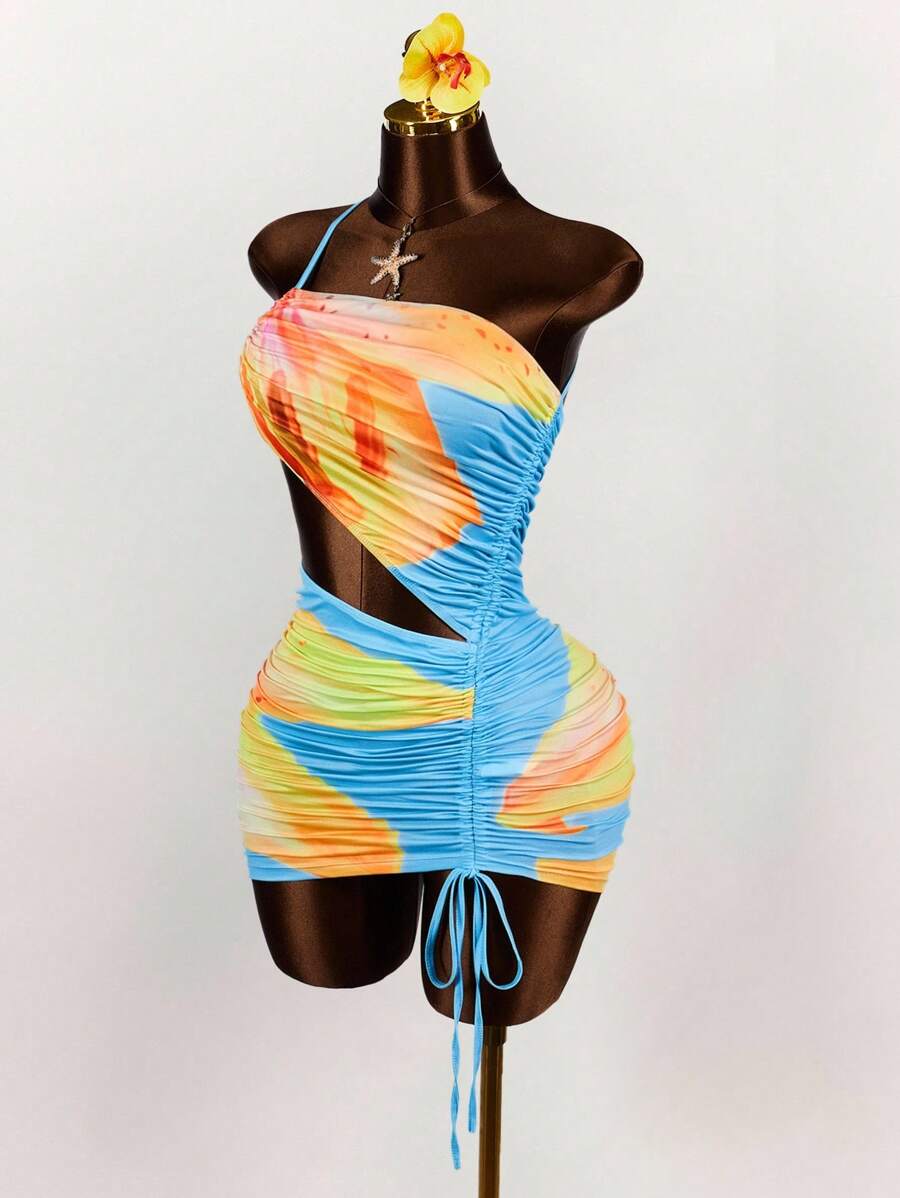 Amplova One Shoulder Two-Tone Big Floral Print Drawstring Tie Bodycon Mini Dress