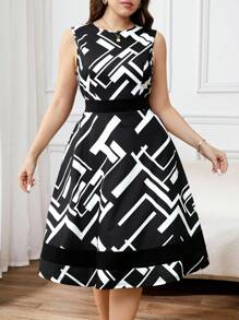 SHEIN Clasi Summer Elegant Women's Plus Size Geometric Pattern Printed Patchwork Contrasting Sleeveless Waist Cinched A-Line Dress, Suitable For Various Occasions, Daily Commuting, Home, Travel, Etc - Black and White - View 4