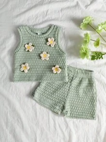 SHEIN Vintaside Kids 2-Piece Baby Girl Set Cute Casual 3D Floral Decorative Sleeveless Top And Pants Set Suitable For Spring And Summer Daily Wear