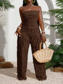 Slaydiva 夏季新品音乐节婚礼季、复活节、西部风、游牧风、圣帕特里克节、生日派对、毕业季、学生装、日常休闲、百搭、休闲、邮轮旅行、海滩、日光浴、热销款、纹理款、无肩带款、黄色款、大码女式连体裤、棕色连体裤、女士度假套装、棕色无肩带连体裤、荷叶边连体裤、纹理连体裤 - 棕色 - 查看 3