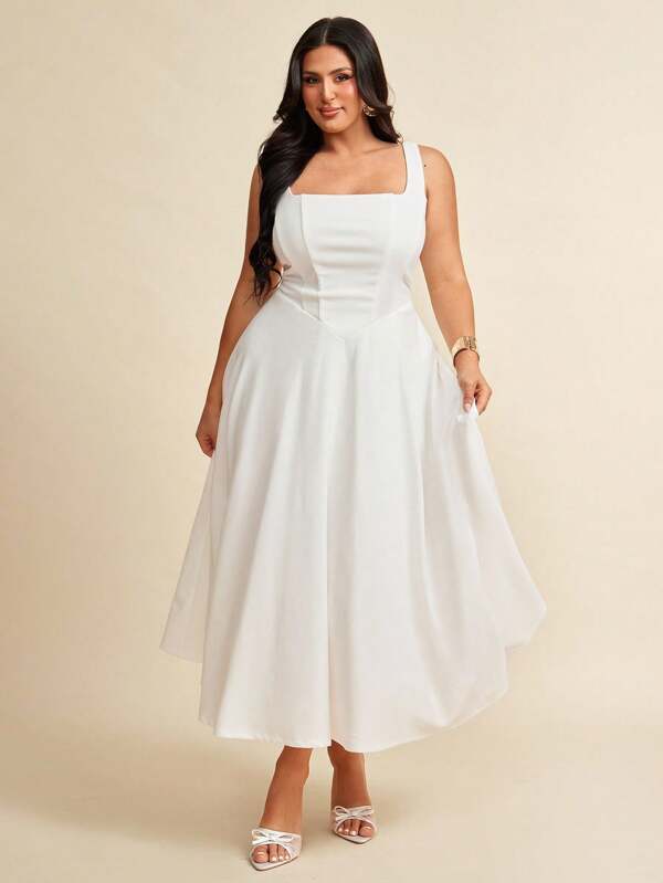 SHEIN BAE Plus Size Women's Spring/Summer Square Neck Sleeveless Mid-Calf Peplum Dress, Princess Style,White Dresses For Women,Fall Women Clothes,Halloween,Back To School Clothes,School Clothes,Christmas,Winter,Summer Dresses For Women,Wedding Guest Dress Women Curve,Plus Size Dresses,Birthday Outfits For Women,Vacation Outfits Woman,Formal Dresses For Women,Western Wear Women,Teacher Outfits