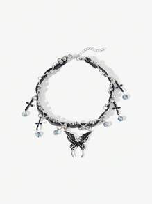 SHEIN ICON 朋克风格蝴蝶吊坠项链 - 黑色 - 查看 2