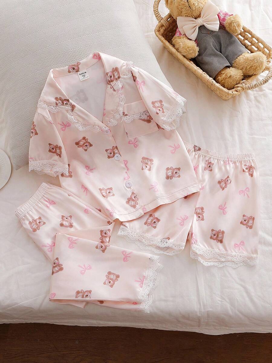 Back To School Fashion3pcs Girls Cute Cartoon Bear Print Short Sleeve Top, Shorts And Long Pants Pajama Set Girls Pajama Set Teddy Bear Pajama Set Silk Pajama Set - Pink - View 1