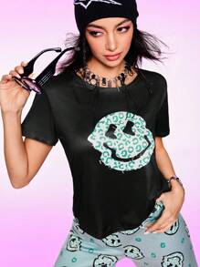 SHEIN Damski swobodny zestaw piżamowy z nadrukiem w panterkę i krótkim rękawem, z nadrukiem kreskówkowym, lato - Zielony - Zobacz 1