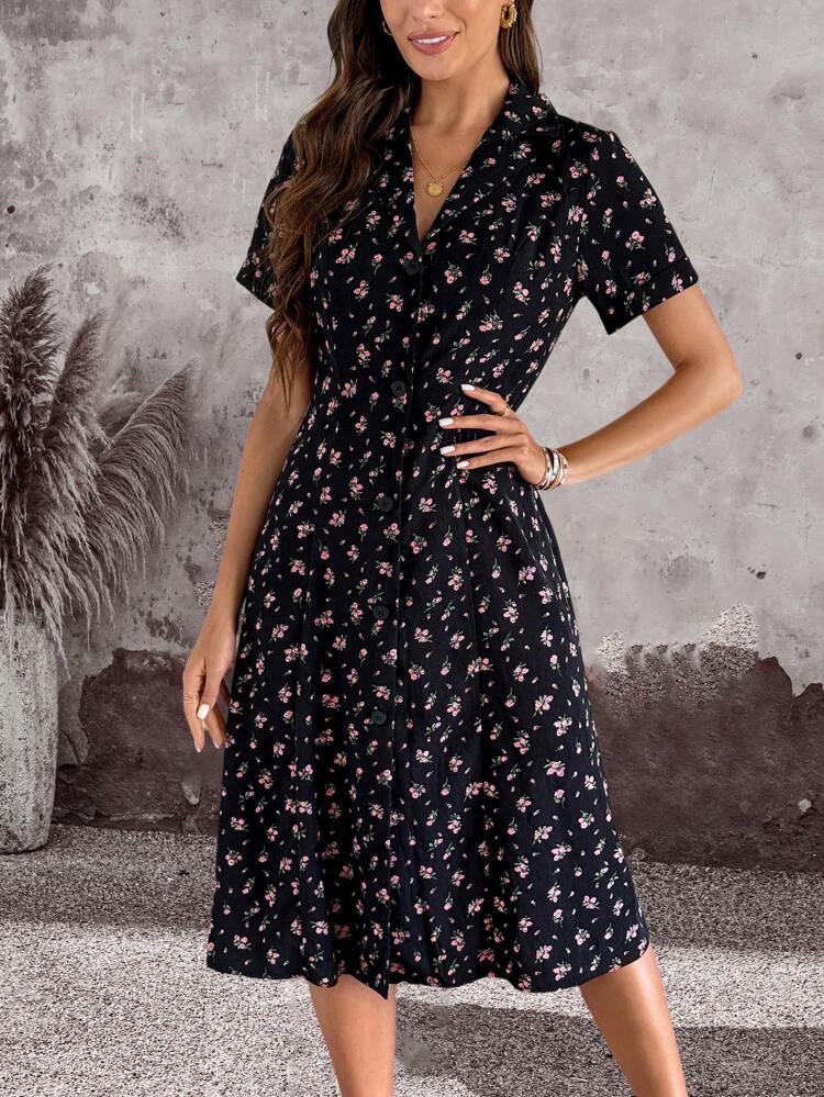 Women's Ditsy Floral Short Sleeve Single Breasted Long Casual Dress, For Summer Holiday