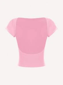 SHEIN MOD Sexy Casual Minimalist Light Pink Off Shoulder Short Sleeve Hollow Out Back Fitted Women T-Shirt Pullover, Suitable For Summer,Valentine Outfits - Baby Pink - View 8
