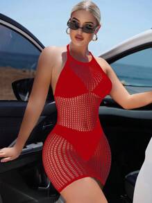 Swim SXY Women's Solid Color Hollow Halter Vacation Mini Slip Dress For Summer - Red - View 4