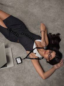 Avenya Women's Collar Striped Color Contrast Tank Top And Skirt Set - Grey - View 1